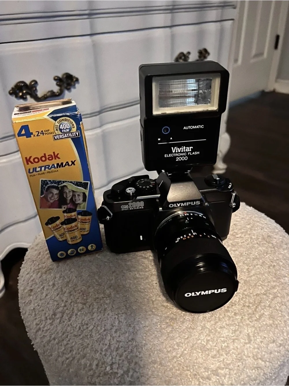 Olympus Film Camera with Vivitar 2000 Flash - Black